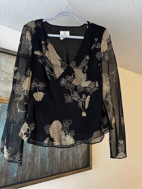 Ice Black Sheer Floral Wrap Blouse with Cream Motif Silk 100%